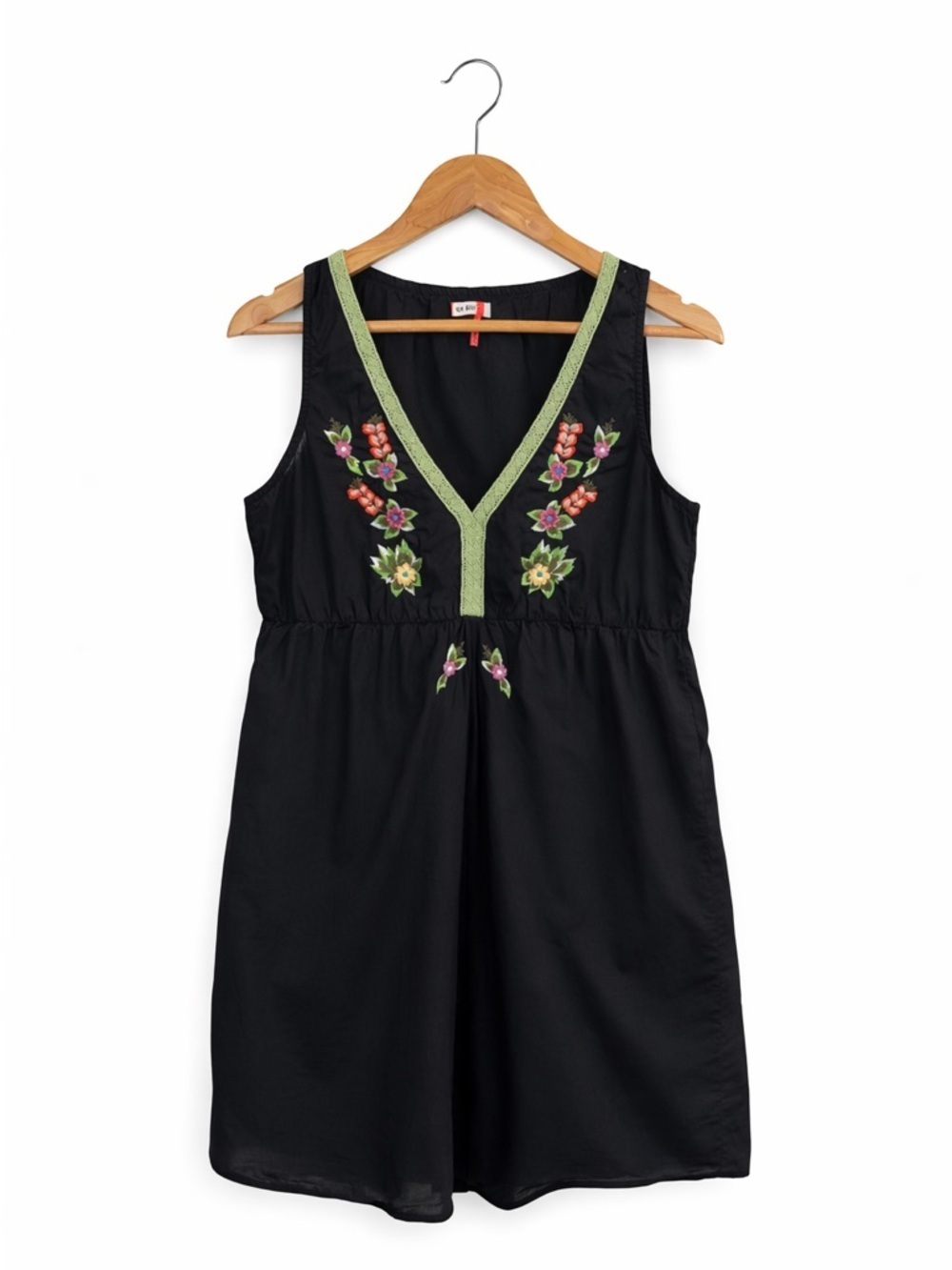 VTG Y2K Old Navy Black Embroidered Babydoll Mini Dress Floral Tunic Cover Up M